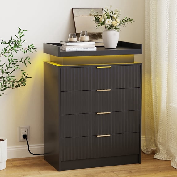 Pusnapku Fluted 4 Drawers Dresser, 38" Tall Modern Chest of Drawers with Power Outlet,LED Light, Vertical Wood Storage Dresser for Living Room,Bedroom