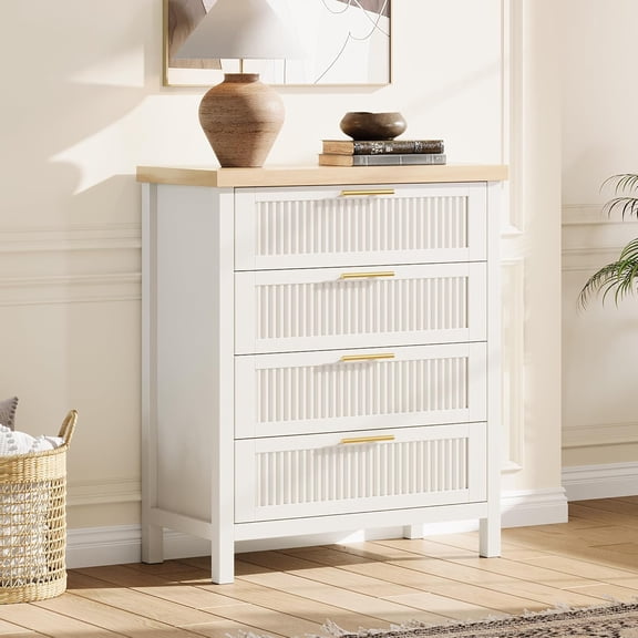 Fluted 4 Drawers Dresser for Bedroom, 35.4" Tall Chest of Dressers for Closet, 4 Fluted Drawers with Metal Handle, Clothes Storage Cabinet for Bedroom, Nursery, Living Room, White