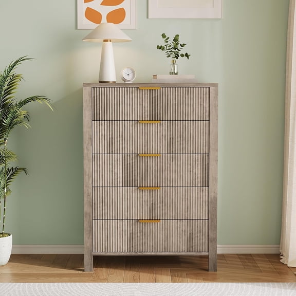 Fluted 5 Drawer Dresser, 45 in Tall Slim Dresser for Small Spaces, Modern Farmhouse Wooden Chest of Drawers for Bedroom Nursery Apartment, Easy Assembly