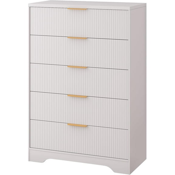Fluted 5 Drawer Dresser for Bedroom, 47 in Tall Modern Chest of Drawers with Gold Metal Handles, Wood Bedroom Dresser for Closet, Living Room, Hallway, Entryway, White