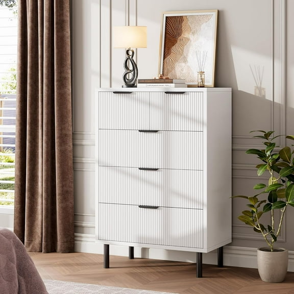 Fluted 5 Drawer Dresser for Bedroom, Modern Tall Chest of Drawers with Metal Legs, Wooden Drawer Chest Storage Cabinet for Living Room, Hallway, Entryway, Home Office, White