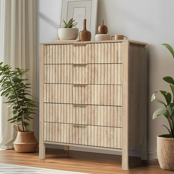 Fluted 5 Drawer Dresser, Wooden Chest of Drawers with Wide Metal Handles, 42" Tall Storage Dresser Organizer with Curved Profile Design for Rest Room, Kitchen, Hallway Closet, Natural Wood