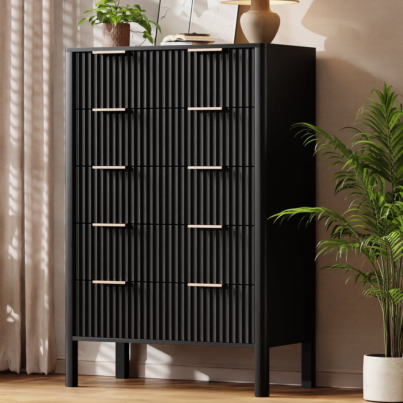 Fluted 5 Drawer Dresser for Bedroom 47" Wide Wooden Dresser TV Stand Modern Storage Organizer for Living Room, Hallway, Black