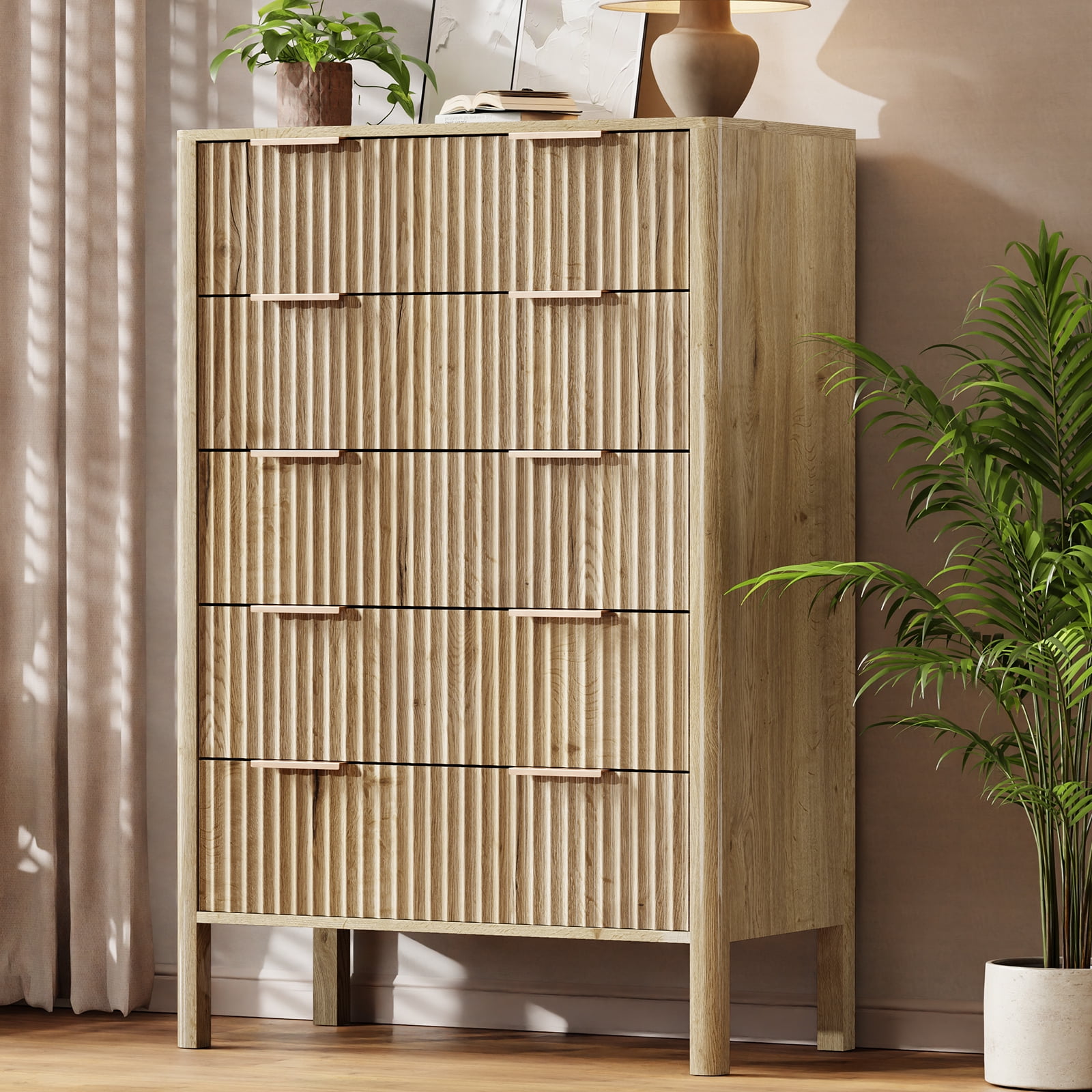 Fluted 5 Drawer Dresser for Bedroom 47" Wide Wooden Dresser TV Stand Modern Storage Organizer for Living Room, Hallway, Natural Oak
