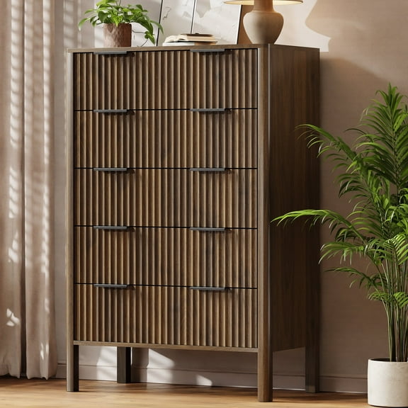 Fluted 5 Drawer Dresser for Bedroom 47" Wide Wooden Dresser TV Stand Modern Storage Organizer for Living Room, Hallway, Walnut