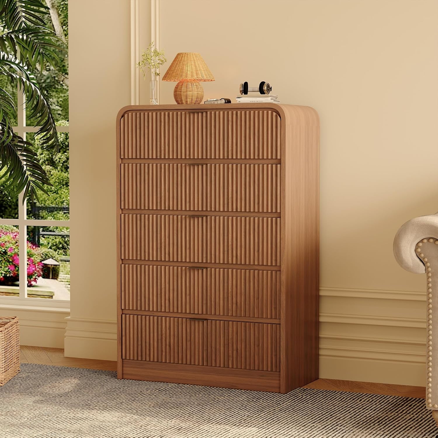 Fluted 5-Drawer Tall Dresser, Walnut Wood Chest with Rounded Edge for Bedroom, Living Room, Hallway