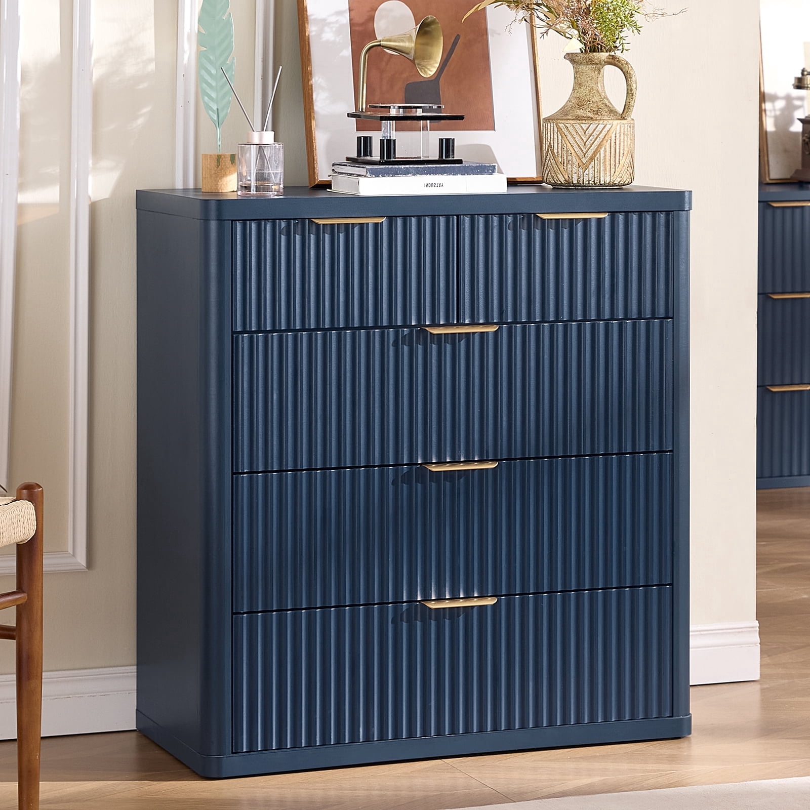 Leyaoyao Fluted Modern Dresser, 5 Drawers Adult Chest of Drawers, Blue, Engineered Wood, 34 inch Tall