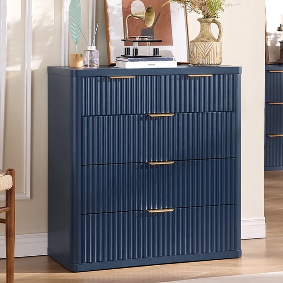 Leyaoyao Fluted Modern Dresser, 5 Drawers Adult Chest of Drawers, Blue, Engineered Wood, 34 inch Tall