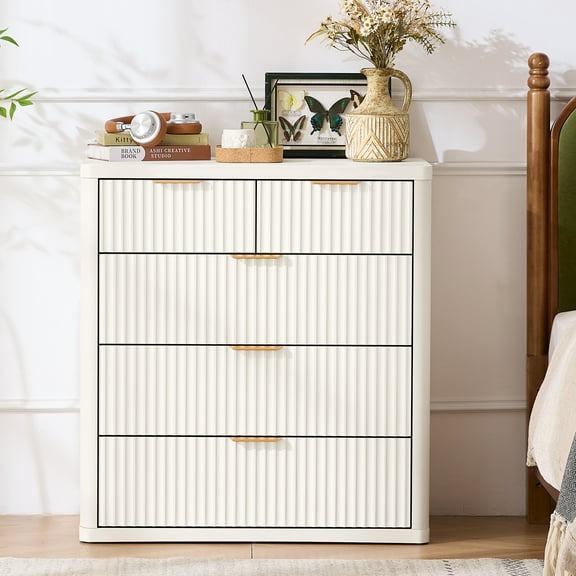 Fluted 5 Drawers Dresser, 34" Tall Modern Chest of Drawers, Curved Profile Design, Wood Drawer Organizer for Bedroom, Living Room, Entryway, White