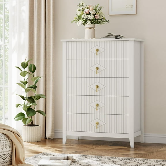 Fluted 5 Drawers Dresser for Bedroom, 42" H Modern Chest of Drawers with Metal Handle, Curved Profile Design,Wood Drawer Organizer for Bedroom, Living Room, Hallway, Entryway