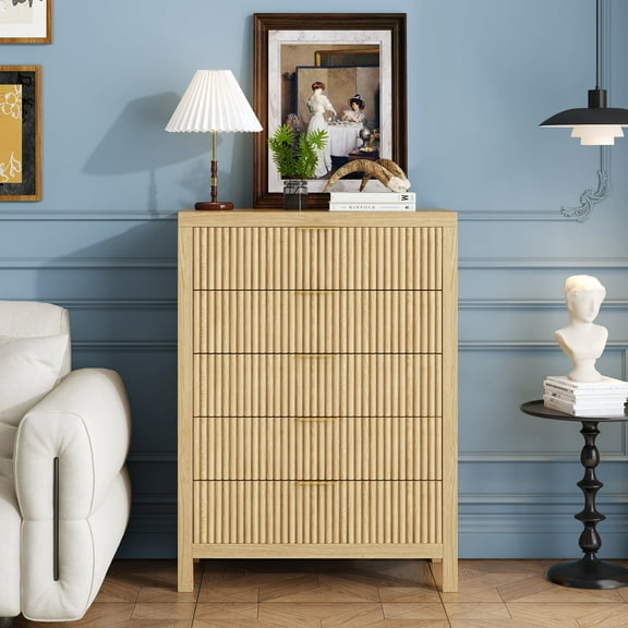 Fluted 5 Drawers Dresser, Modern 5-Drawer Dresser with Textured Front, Black Wood Chest of Drawers with Gold Handles, Tall Storage Cabinet for Bedroom, Living Room, Hallway, Entryway, Nature Oak