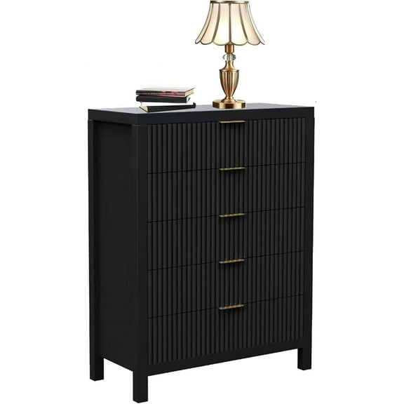 Fluted 5 Drawers Dresser, Modern 5-Drawer Dresser with Textured Front, Black Wood Chest of Drawers with Gold Handles, Tall Storage Cabinet for Bedroom, Living Room, Hallway, Entryway, Black Oak