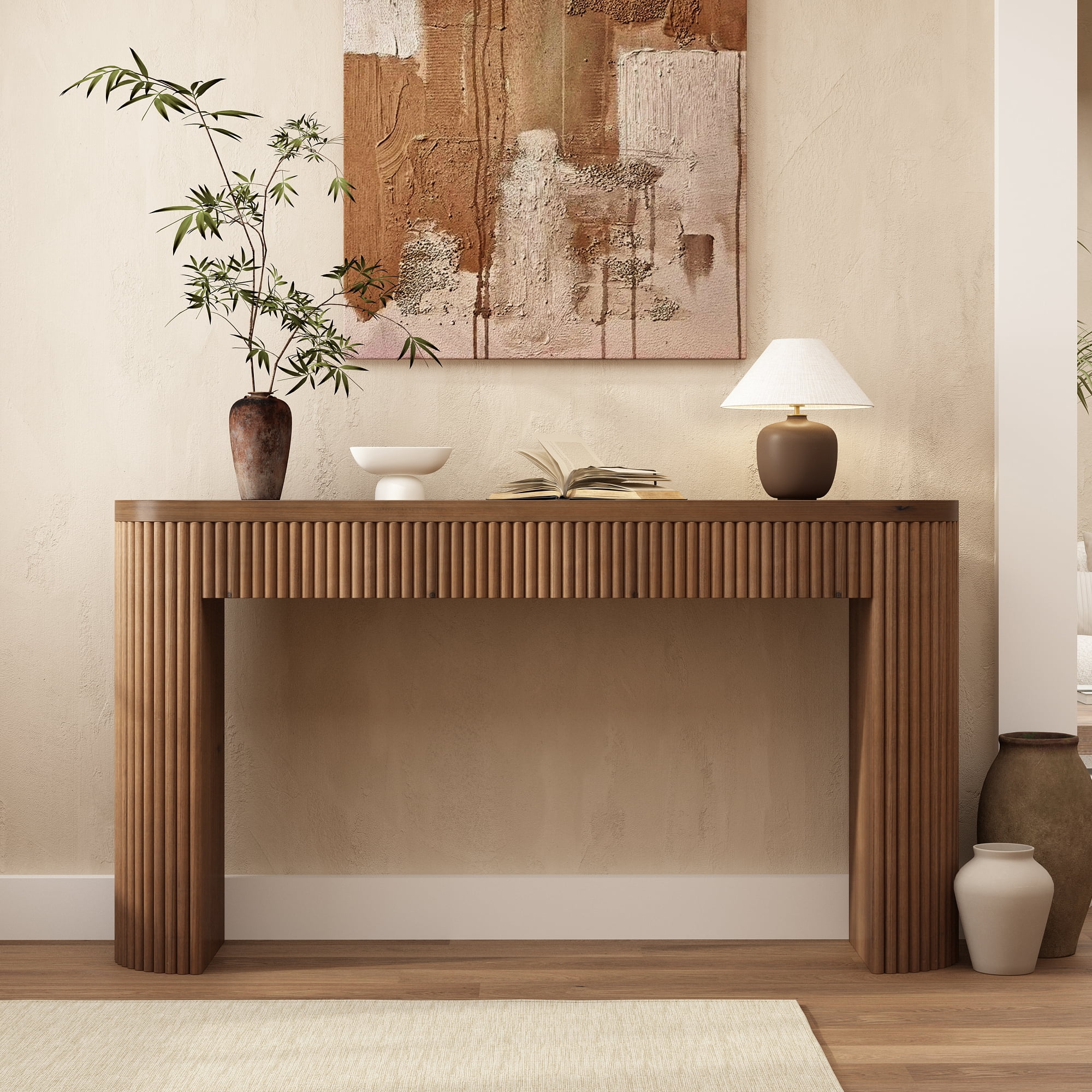 55'' Solid Wood Fluted Console Table with Drawer, Narrow Entryway Table Behind Couch for Living Room Hallway, Brown