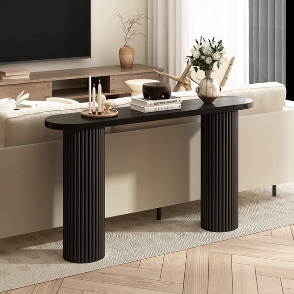 Fluted 55' Rustic Solid Wood Curved Console Table, Narrow Farmhouse Entry Table Behind Couch for Foyer Entrance Living Room Hallway,Black