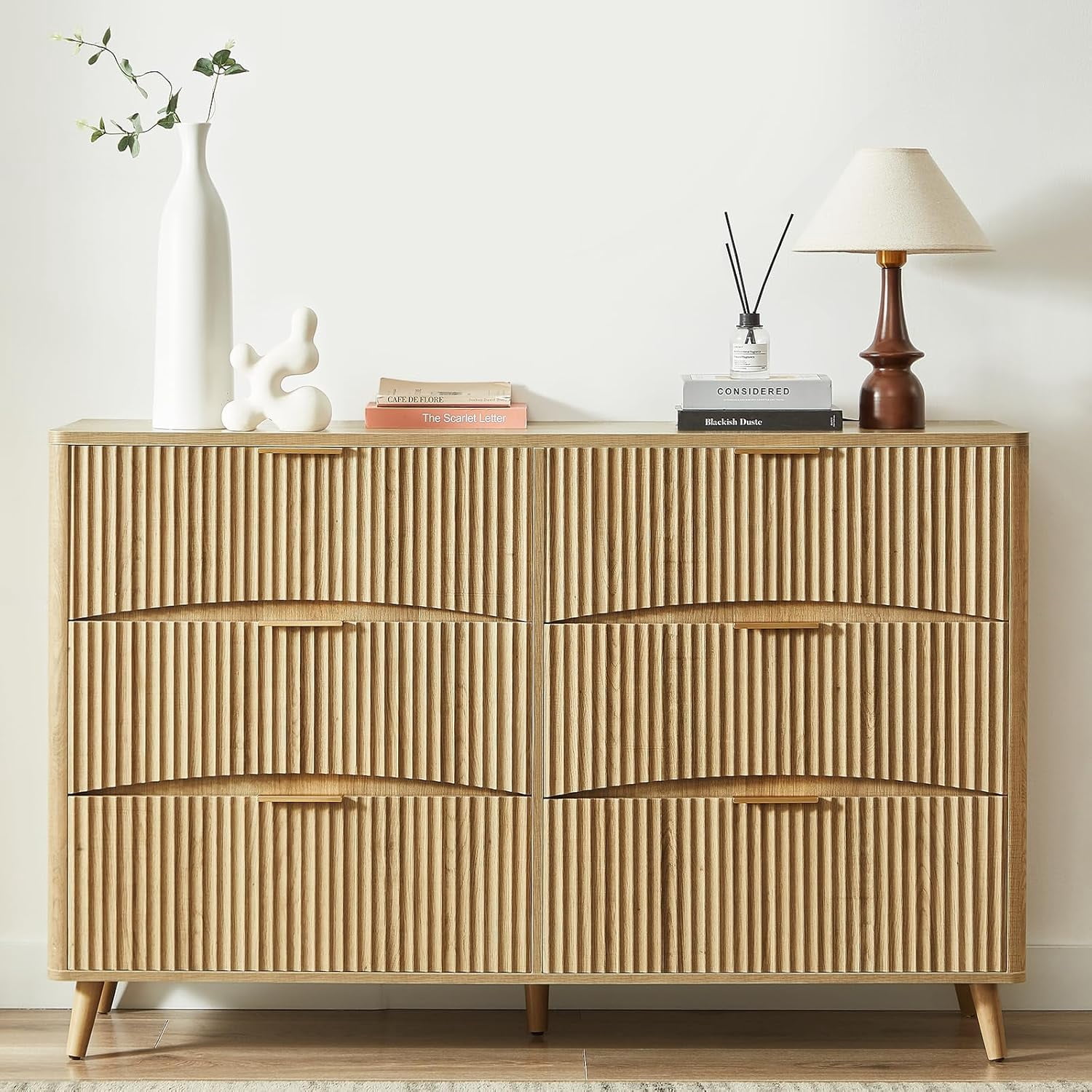 Fluted 6 Drawer Dresser 55" Wide Light Wood Curved Dresser Mid Century ...