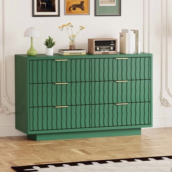 Fluted 6 Drawer Dresser for Bedroom, Wide Modern Chest of Drawers with Metal Handle, Curved Profile Design, Wood Closet Clothes Storage Organizer for Bedroom, Living Room, Hallway