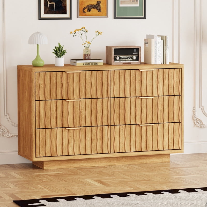 Fluted 6 Drawer Dresser for Bedroom, Wide Modern Chest of Drawers with Metal Handle, Curved Profile Design, Wood Closet Clothes Storage Organizer for Bedroom, Living Room, Hallway