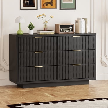 Fluted 6 Drawer Dresser for Bedroom, Wide Modern Chest of Drawers with Metal Handle, Curved Profile Design, Wood Closet Clothes Storage Organizer for Bedroom, Living Room, Hallway(Black)