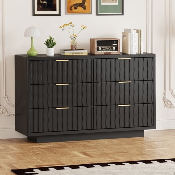 Fluted 6 Drawer Dresser for Bedroom, Wide Modern Chest of Drawers with Metal Handle, Curved Profile Design, Wood Closet Clothes Storage Organizer for Bedroom, Living Room, Hallway(Black)