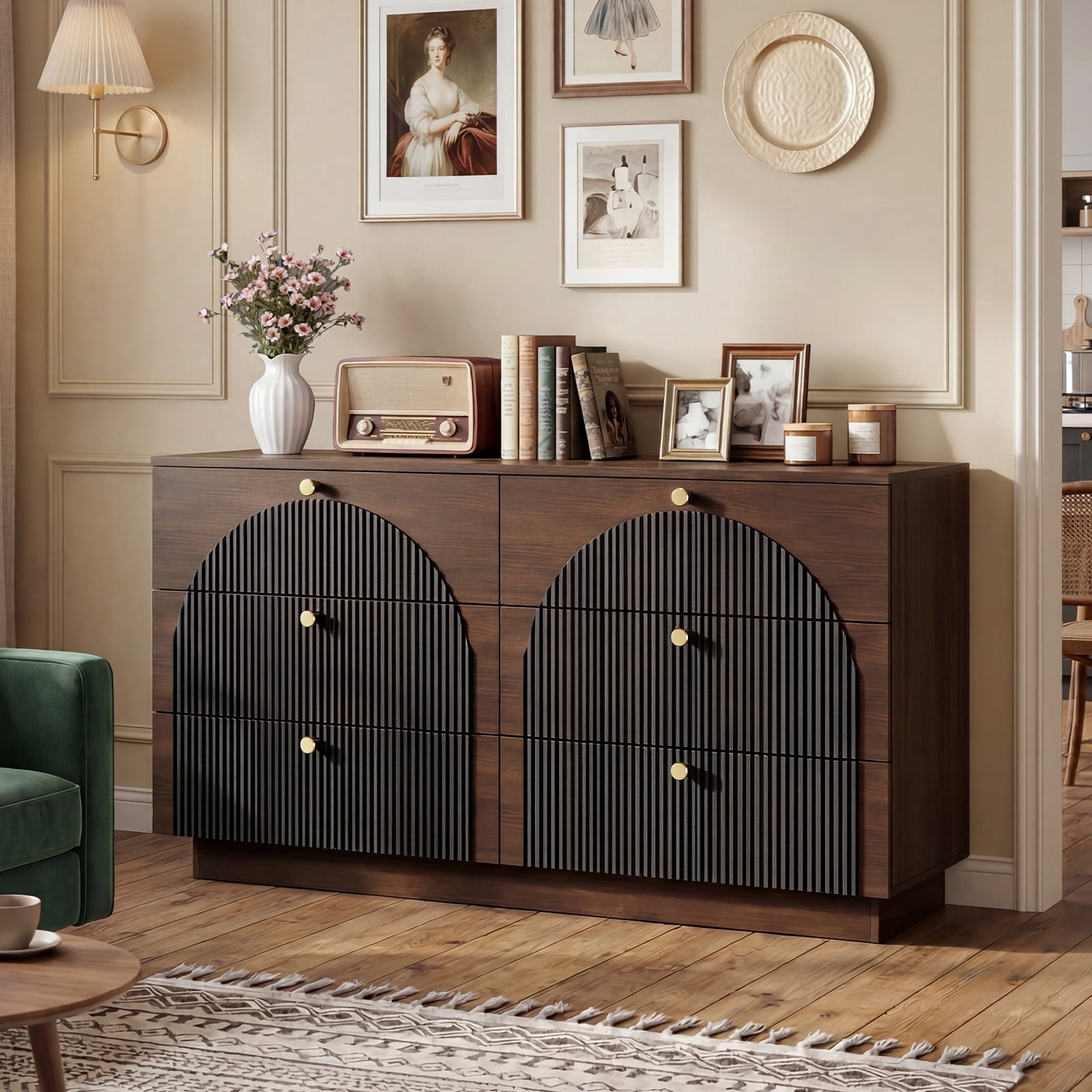 Fluted 6 Drawer Dresser for Bedroom 55" Wide Wooden Dresser TV Stand Mid Century Modern Storage Organizer for Living Room, Hallway, Black