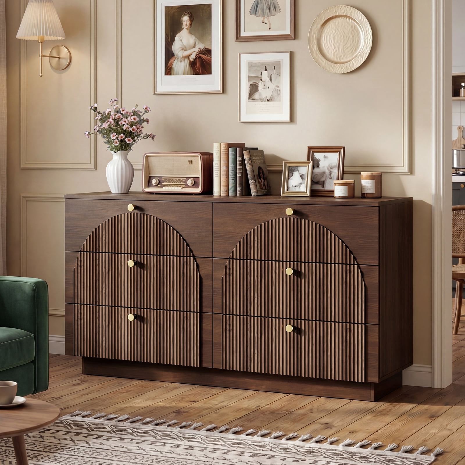 Fluted 6 Drawer Dresser for Bedroom 55" Wide Wooden Dresser TV Stand Mid Century Modern Storage Organizer for Living Room, Hallway, Walnut