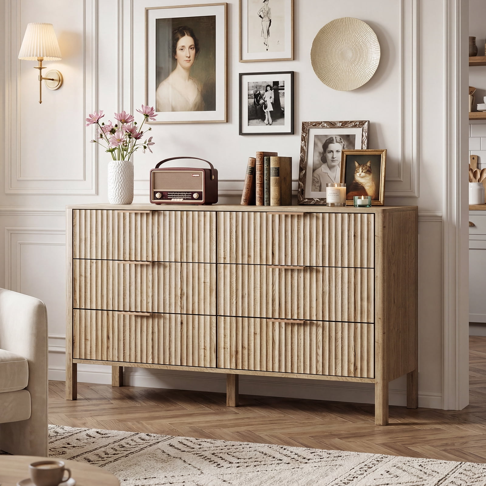 Fluted 6 Drawer Dresser for Bedroom 55" Wide Wooden Dresser TV Stand Modern Storage Organizer for Living Room, Hallway, Natural Oak