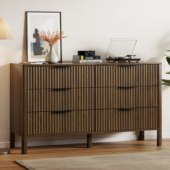 6 Drawer Dresser for Livingroom, 55" Wide Wooden Dresser TV Stand,  Smooth Sliding, Modern Closet Storage Organizer for Bedroom, Hallway, Walnut