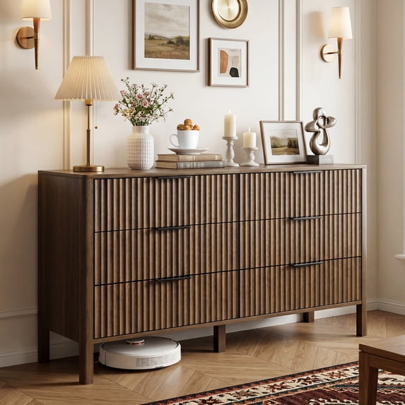 Fluted 6 Drawer Dresser for Bedroom 55" Wide Wooden Dresser TV Stand Modern Storage Organizer for Living Room, Hallway, Walnut