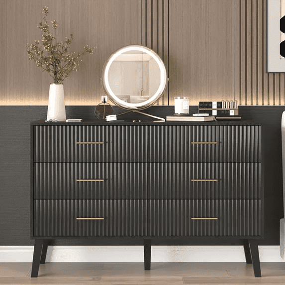 Fluted 6 Drawer Dresser for Bedroom, Modern Closet Dressers Chest of Drawers for Living Room
