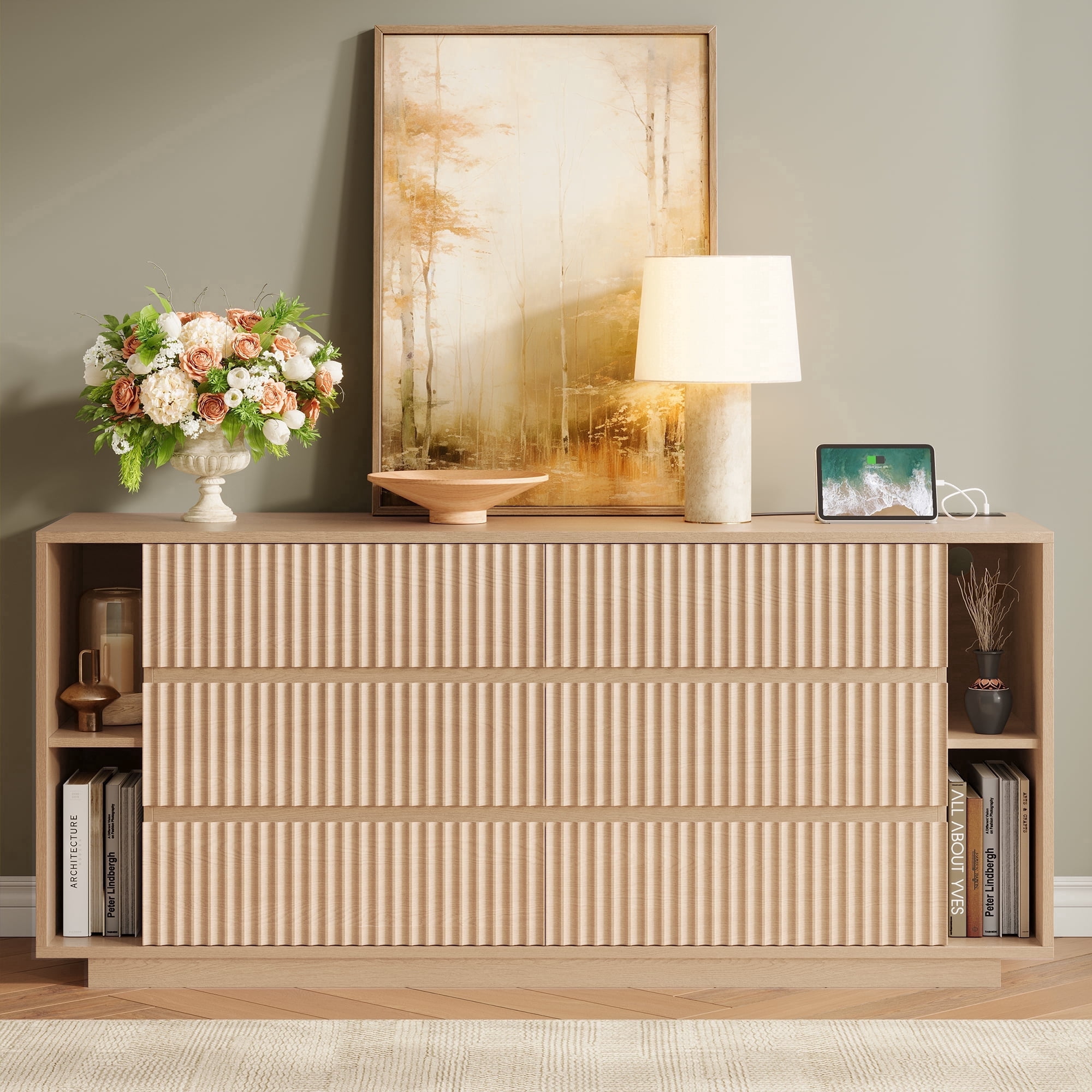 Fluted 6 Drawer Dresser with Shelves, 63'' Wide Bedroom Chest of Drawers, Natural Oak
