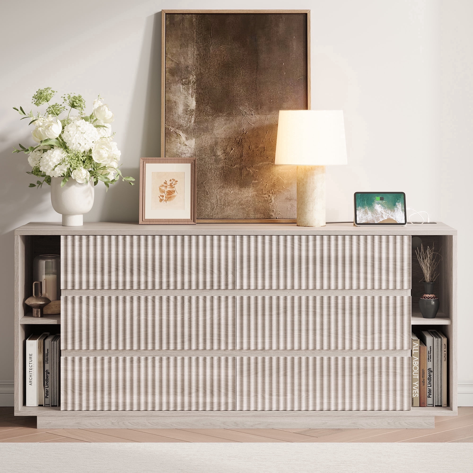Fluted 6 Drawer Dresser with Shelves, 63'' Wide Bedroom Chest of Drawers, White Alder