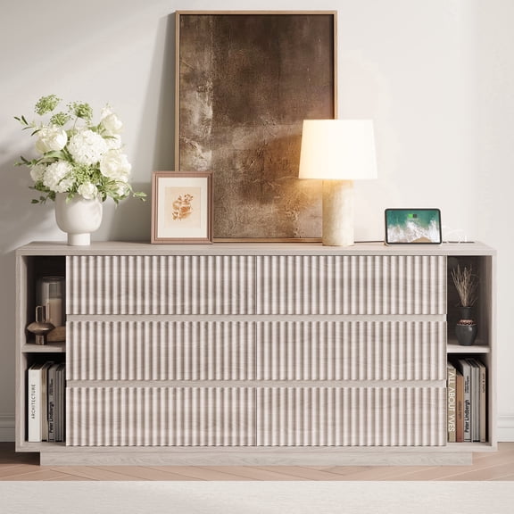 Fluted 6 Drawer Dresser with Shelves, 63'' Wide Bedroom Chest of Drawers, White Alder