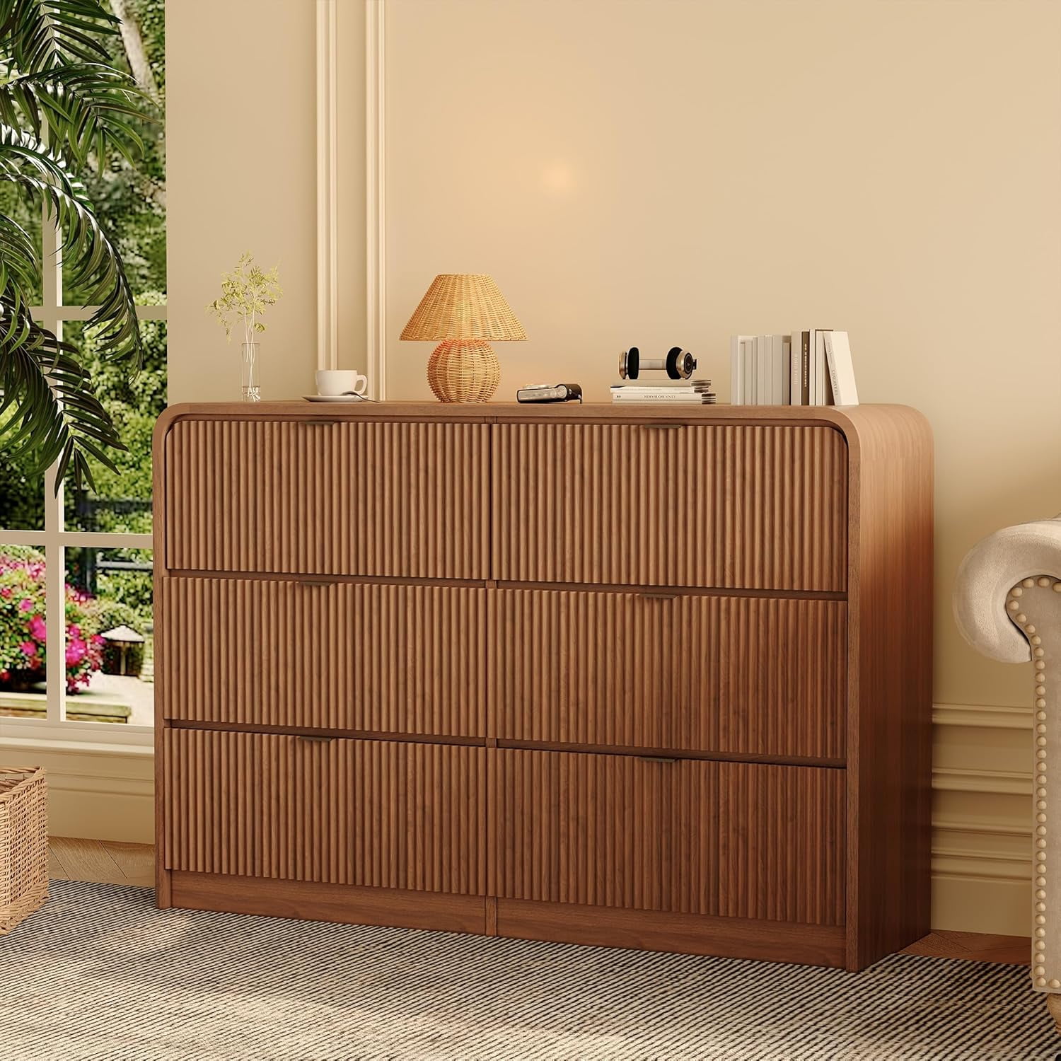 Fluted 6-Drawer Tall Dresser, Walnut Wood Deep Chest with Rounded Edge for Bedroom, Living Room, Hallway