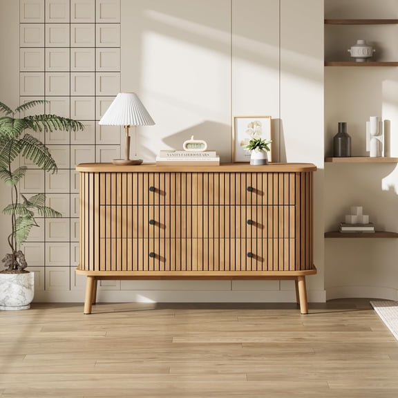 Fluted 6 Drawers Cabinet with Sliding Drawers,Bo-ho6 Drawer Dressers for Bedroom, Wooden Chest of Storage Drawer, Side Table for Living Room, Small Space, Natural