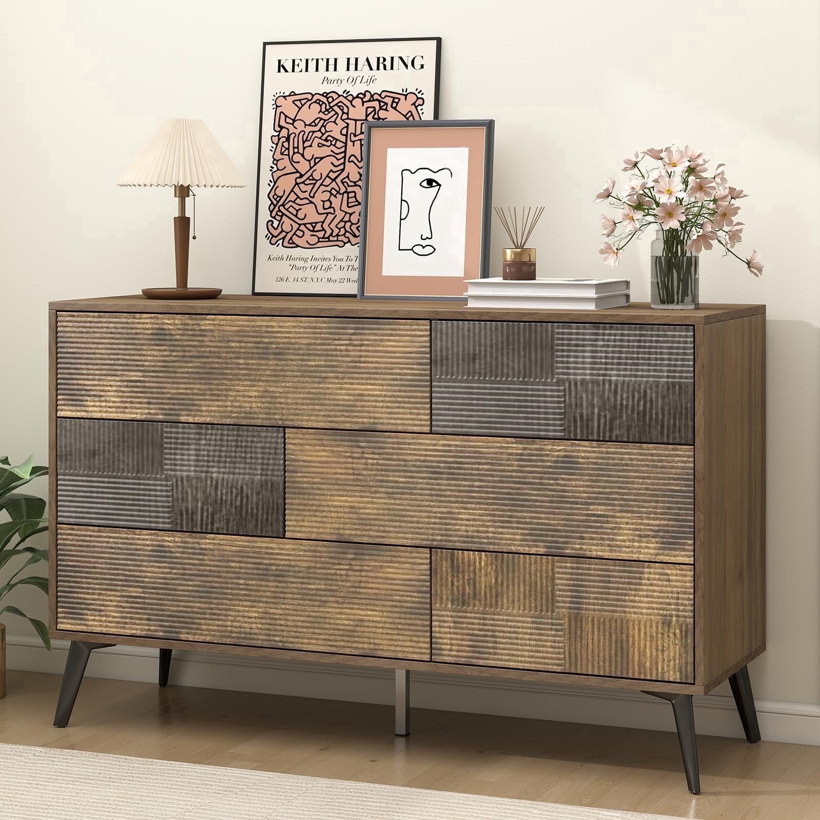 Danpinera Home 6-Drawer Fluted Dresser, 47” Wide Handleless Chest with Wood Finish, Rustic Brown Modern Storage Cabinet for Bedroom or Hallway