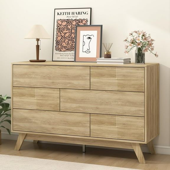 danpinera Home 6-Drawer Dresser for Bedroom, 47” Modern Handleless Chest of Drawers, Fluted Wooden Storage Cabinet & TV Stand for Closet, Hallway, or Living Room, Natural Oak