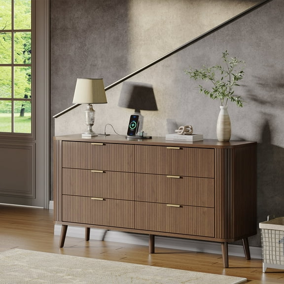 Fluted 6 Drawers Dresser with USB Charging Station, 57" Mid-Century Modern TV Stand with Curved Profile for Bedroom & Living Room, Walnut