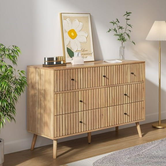 Fluted 7 Drawer Dresser, Modern Wide Wood Chest of Drawers with Black Handles, Storage TV Stand for Bedroom Living Room, Walnut