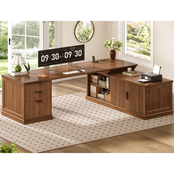 Fluted 70.9" L Shaped Computer Desk with 3 Drawers and Storage Cabinet