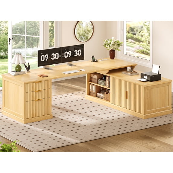 Fluted 70.9" L Shaped Computer Desk with 3 Drawers and Storage Cabinet
