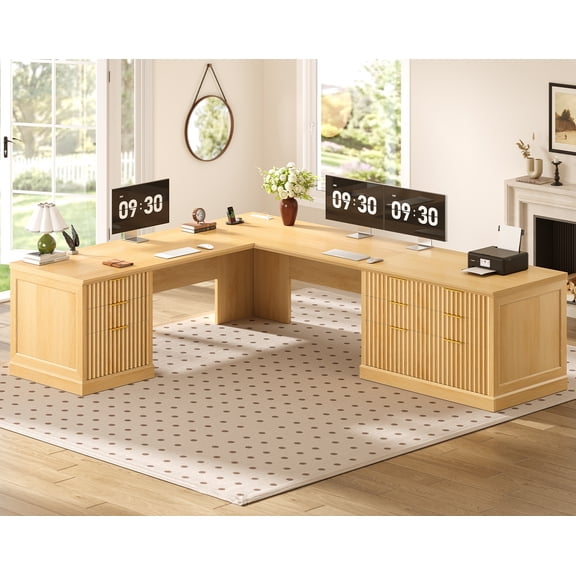 Fluted 78.7" L Shaped Computer Desk with 6 Drawers, Corner Office Desk