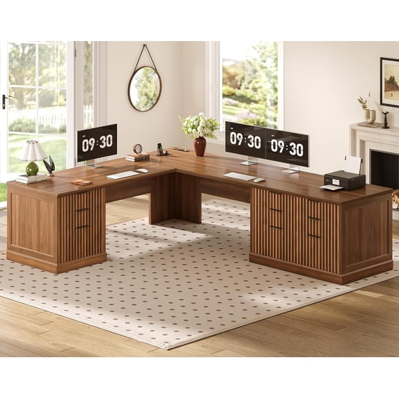 Fluted 78.7" L Shaped Computer Desk with 6 Drawers, Corner Office Desk