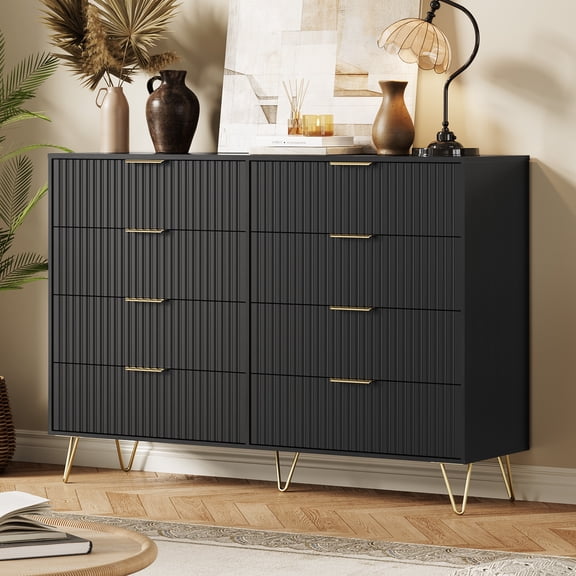 Fluted 8-Drawer Dresser, 55" Wide Modern Wooden Chest for Bedroom & Living Room, Large Storage Organizer with TV Stand, black
