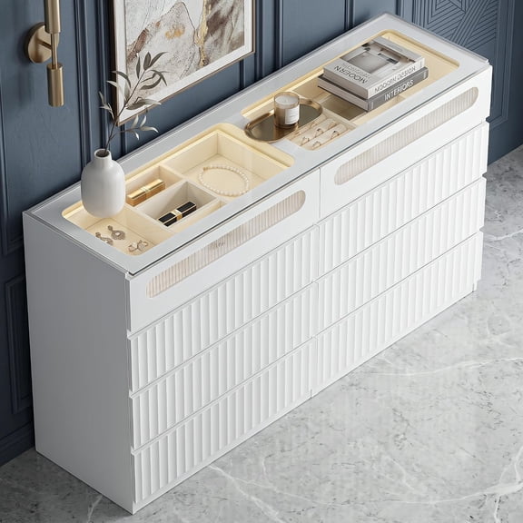 Fluted 8 Drawer Dresser,with LED Lights,Tempered Glass Panel,Drawer Dresser,Hidden Handles.Compartmentalized Storage Drawer,Bedroom,Entryway,Wood Vanity
