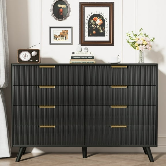 Fluted 8 Drawer Dressers for Bedroom, Wide Wooden Chest of Drawers for Living Room Entryway Hallway, Black