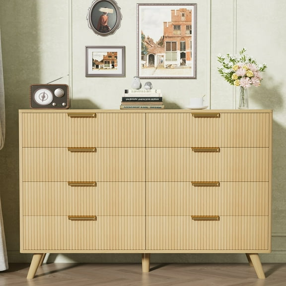 Fluted 8 Drawer Dressers for Bedroom, Wide Wooden Chest of Drawers for Living Room Entryway Hallway, Oak