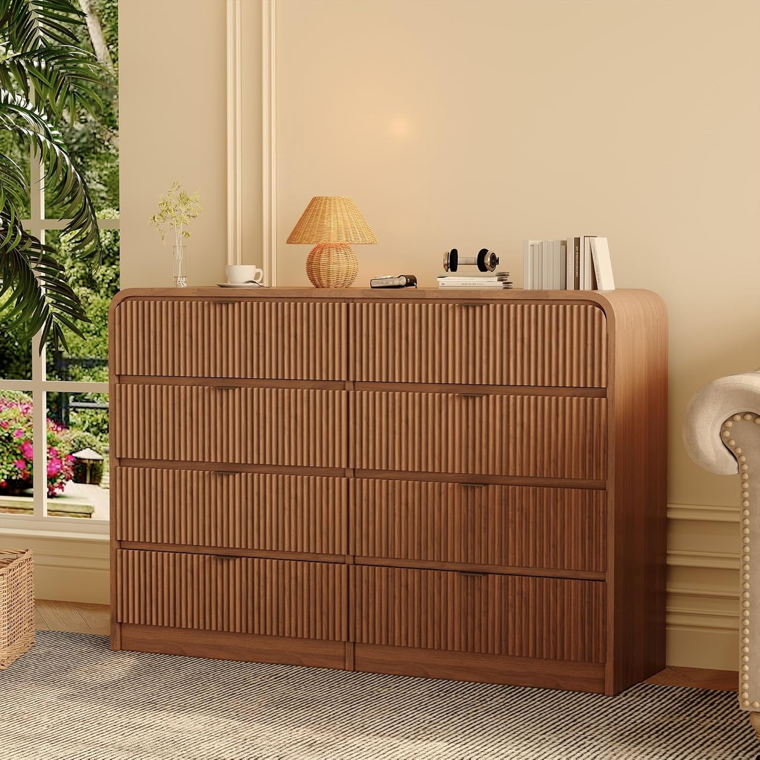 Fluted 8-Drawer Wide Dresser, Walnut Wood Chest with Rounded Edge for Bedroom, Living Room, Hallway