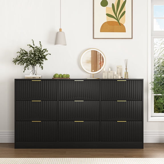 Fluted 9 Drawer Dresser for Bedroom, 63" Wide Modern Chest of Drawers, Curved Profile Design, Wooden Dresser TV Stand with Organizer Storage for Living Room