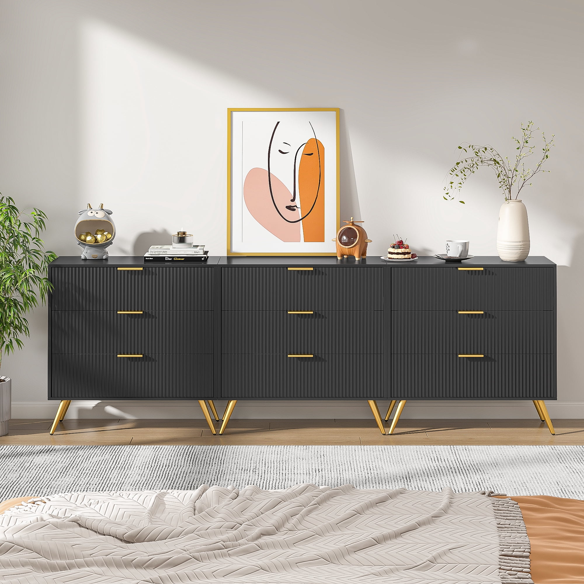 Fluted 3 Drawer Dresser Accent Dresser Mid Century Modern Chest of Drawers Black 3 Drawer Dresser Cabinet with Wide Drawers Gold Handle Metal Legs Storage Dressers Chest for Bedroom, Living Room - Fluted 3 Drawer Dresser Accent Dresser Mid Century Modern Chest of Drawers Black 3 Drawer Dresser Cabinet with Wide Drawers Gold Handle Metal Legs Storage Dressers Chest for Bedroom, Living Room -