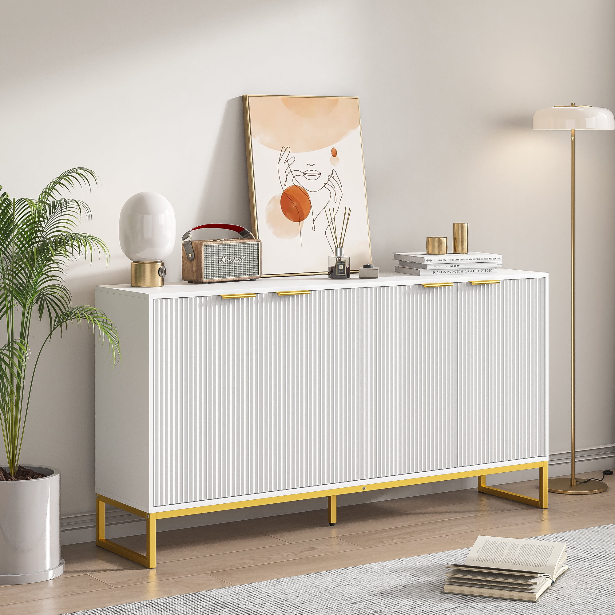 Fluted Accent Kitchen Sideboard Buffet with 4 Fluted